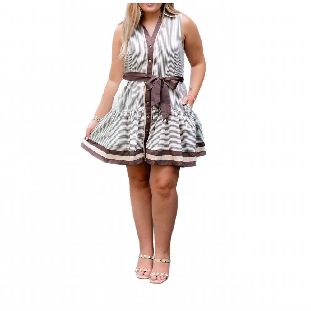 NEW ENTRO striped collard v neck button down dress with tie belt in mocha and cr - Picture 6 of 6